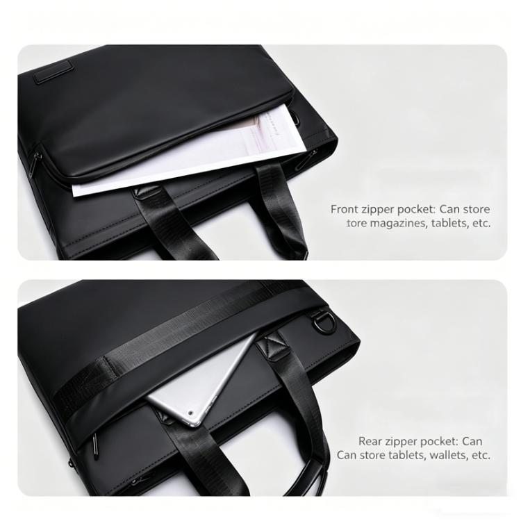 Black laptop briefcase with front zipper pocket and organizer for documents