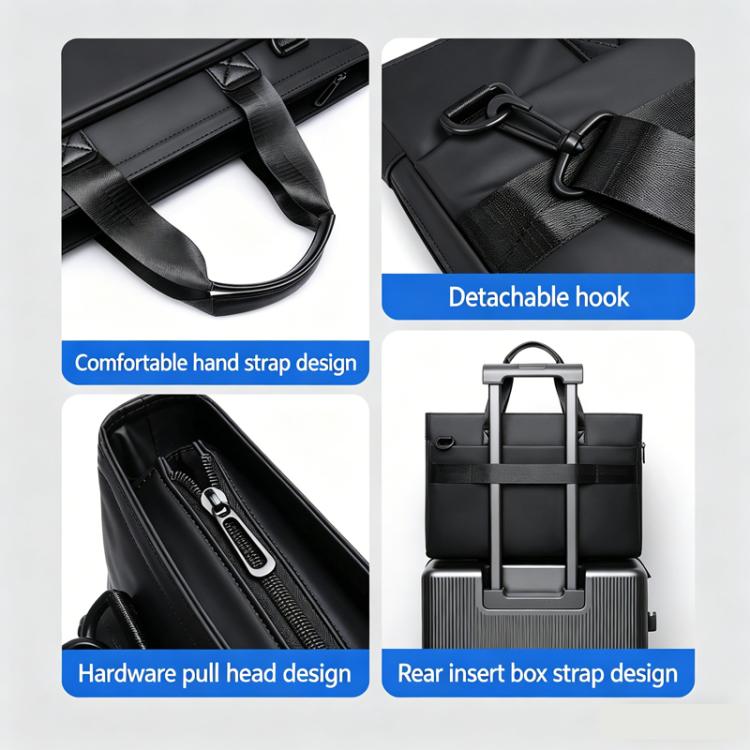 Black laptop briefcase with detachable hook, padded handle straps, and reinforced pull