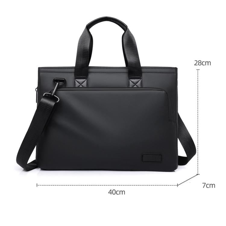 Men's black laptop messenger bag with top handles and adjustable shoulder strap