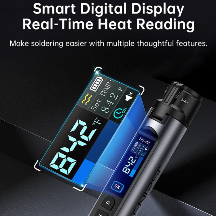 Mini cordless soldering iron with blue-lit screen and control buttons
