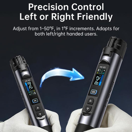 Mini cordless soldering iron on hand with OLED screen and control keypad