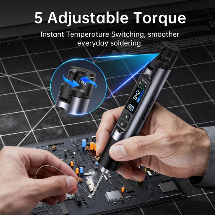 Mini soldering iron with hand holding and blue temperature setting on screen