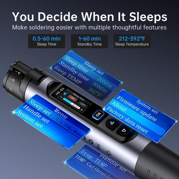 Mini soldering iron with sleep menu screen and function icons