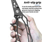 Fishing hook remover pliers with anti-slip grip, dark metal, held in hand.