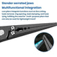 Fishing hook remover pliers with slender serrated jaws, dark metal, close-up.
