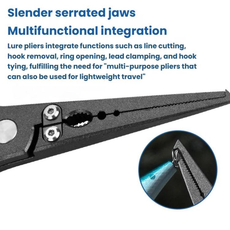 Fishing hook remover pliers with slender serrated jaws, dark metal, close-up.