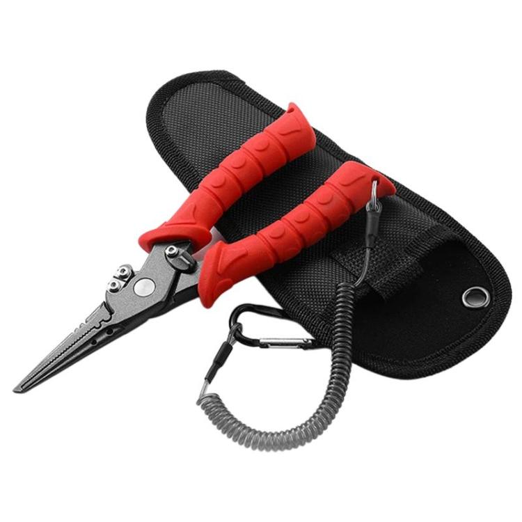 Red and gray stainless lure pliers with spring lanyard and black storage pouch