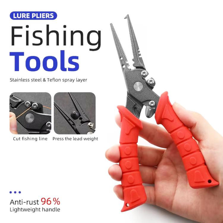 Red-handled stainless lure pliers held in hand, open jaws visible