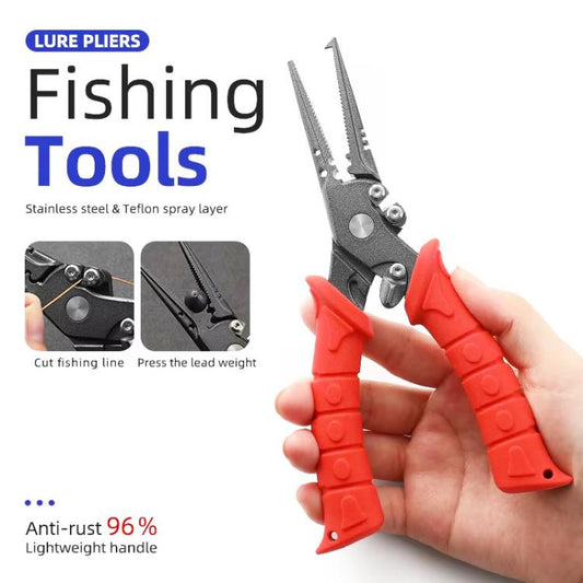 Red-handled stainless lure pliers held in hand, open jaws visible