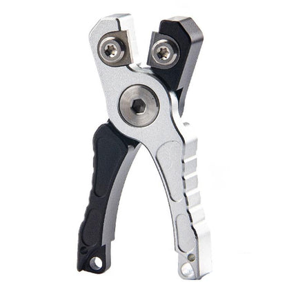Mini fishing line cutter shears with silver metal body and black grip handles