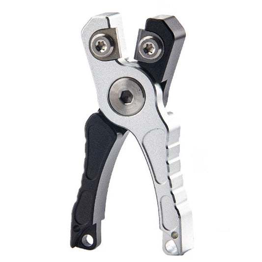 Mini fishing line cutter shears with silver metal body and black grip handles