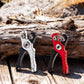 Mini fishing line cutter shears, red and black, with metal cutting head