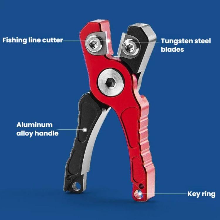 Mini fishing line cutter shears with red aluminum handle and metal blade head