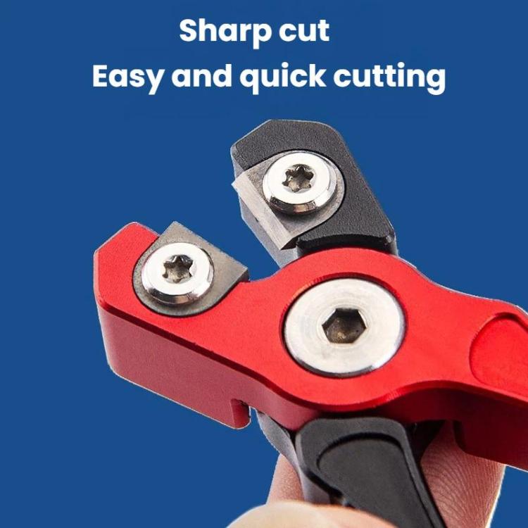 Fishing line cutter head close-up with red body and black handle grips