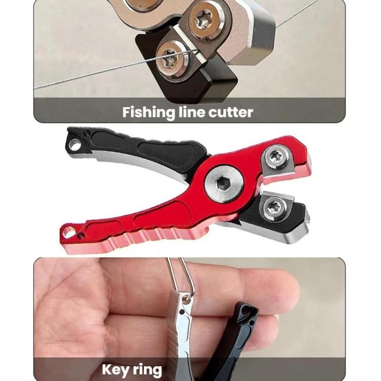 Fishing line cutter shears and key ring loop; red handle with black grip