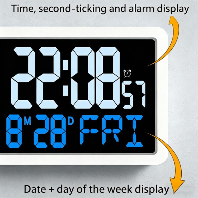 Digital wall clock display showing seconds, alarm, and date/day of the week.
