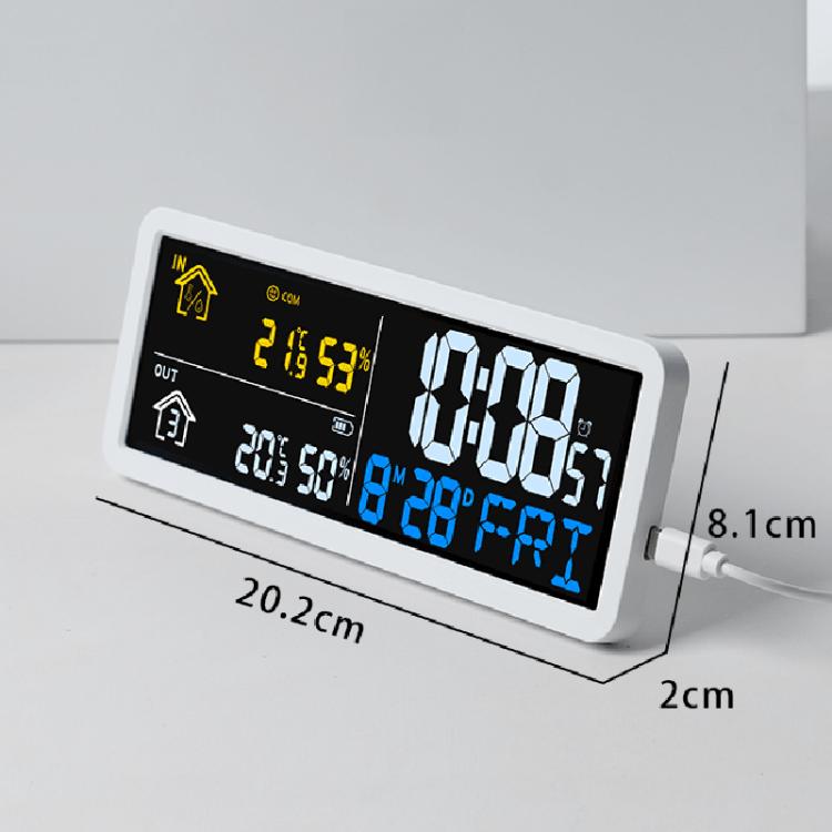 Digital wall clock weather station with compact dimensions and LCD time with sensor readings.