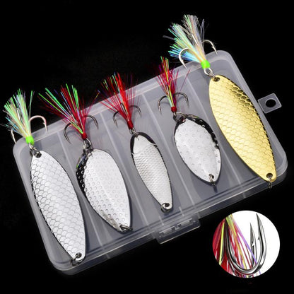5-piece metal fishing spoon lure set with feather tails, silver and gold, in plastic case