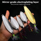 Fishing spoon lures with reflective silver and gold finishes and colorful feather hook