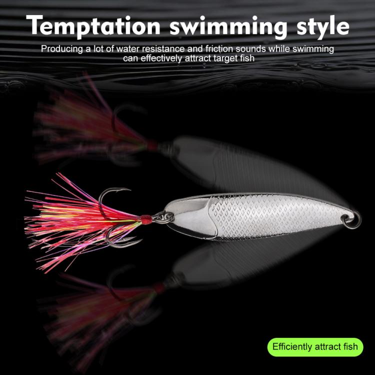 Silver fishing spoon lure with long colorful feather skirt and treble hook