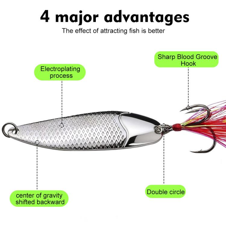 Silver metal fishing spoon lure with feather skirt and double-circle treble hook