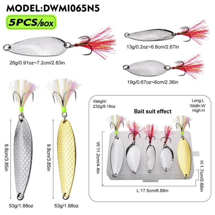 5-piece fishing spoon lures kit, silver and gold metal blades with feather tails