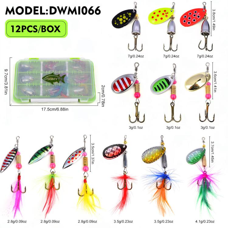 12pcs spinnerbait lure set with colorful reflective blades and feather treble hooks