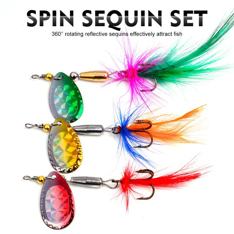 Reflective sequin spinnerbait lures with rainbow feathers and treble hooks