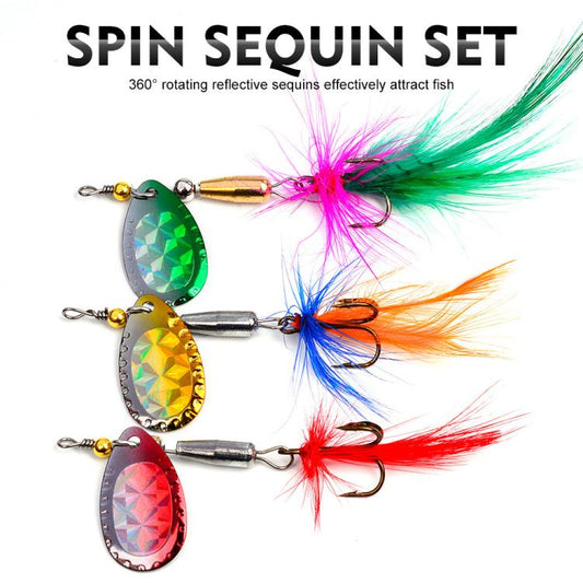Reflective sequin spinnerbait lures with rainbow feathers and treble hooks