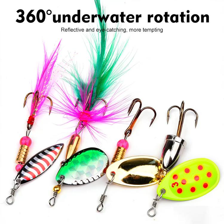 Spinnerbait lure set with colorful reflective blades, feather tails, and treble hooks