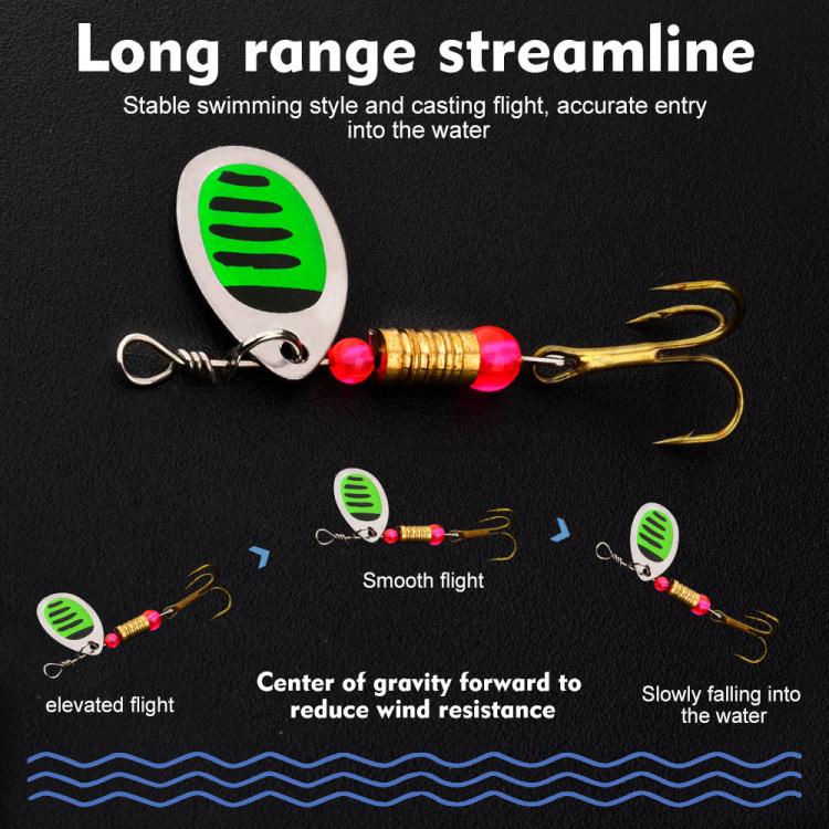 Green-and-gold spinnerbait lure with reflective blade, pink beads, and treble hooks