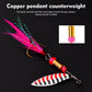 Spinnerbait lure with red-and-white striped blade, pink bead, copper counterweight and hook