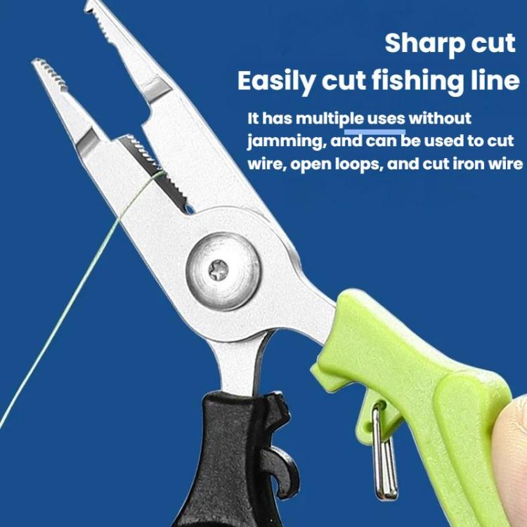 Fishing line cutter pliers with serrated jaw and lime green handle, black finger loop