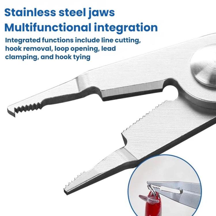Multifunction fishing tool with stainless steel jaws, lime green and black integrated parts