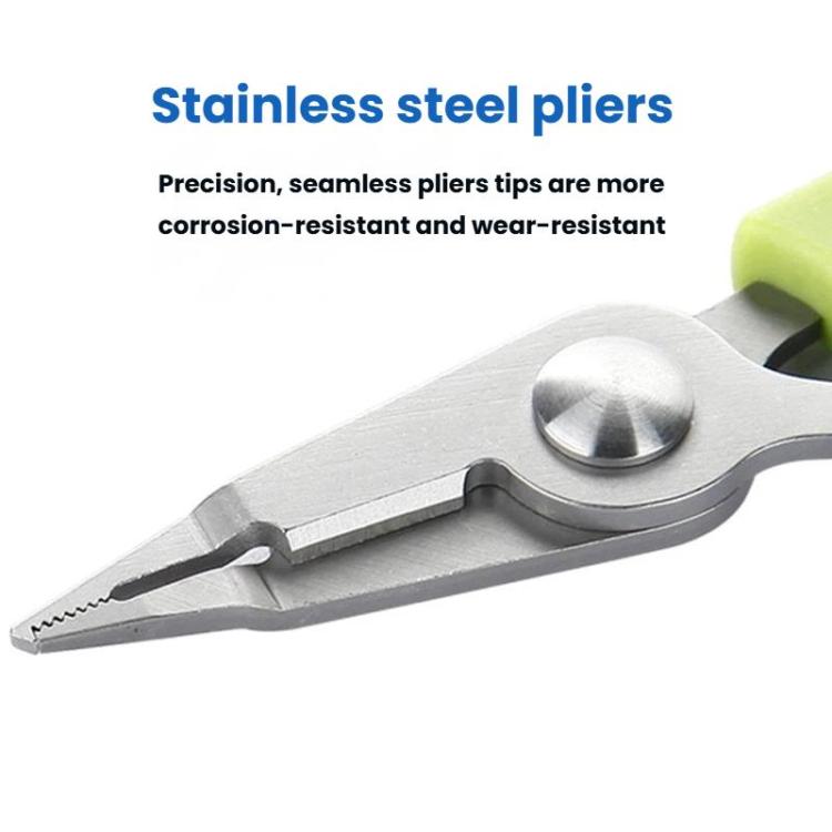 Stainless steel fishing pliers head with pointed tips and black accent, lime green handle