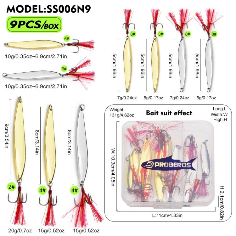 Willow leaf fishing lure set, gold and silver spoons with red tinsel and treble hooks