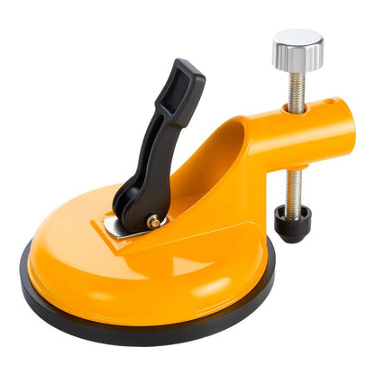Orange tile leveling suction cup tool with black clamp handle and metal threaded screw