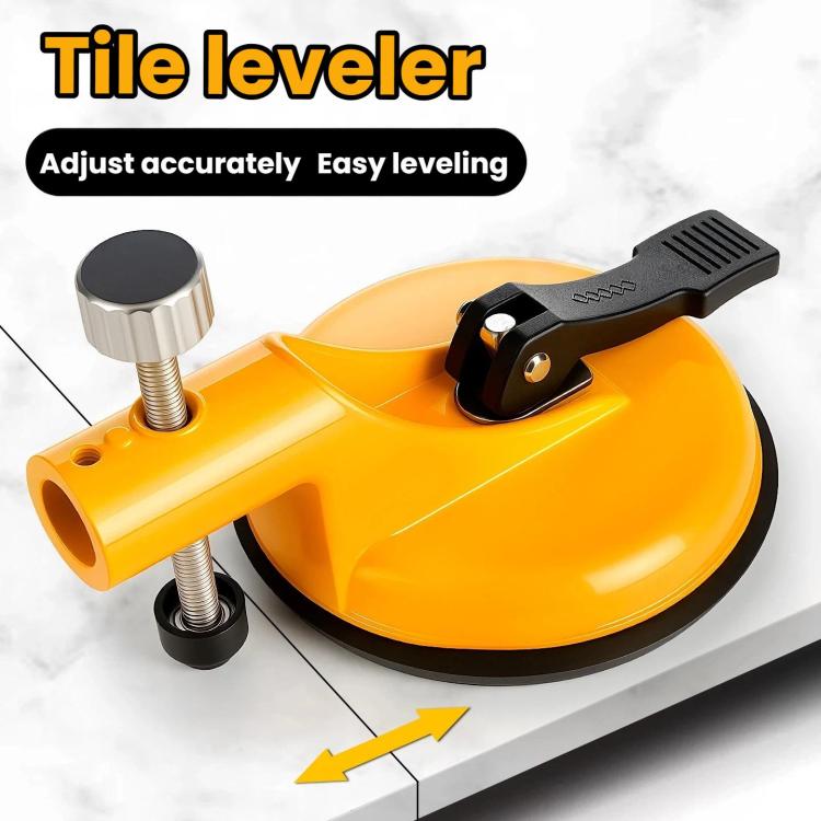 Orange tile leveling suction cup tool with two metal posts and black leveling clamp