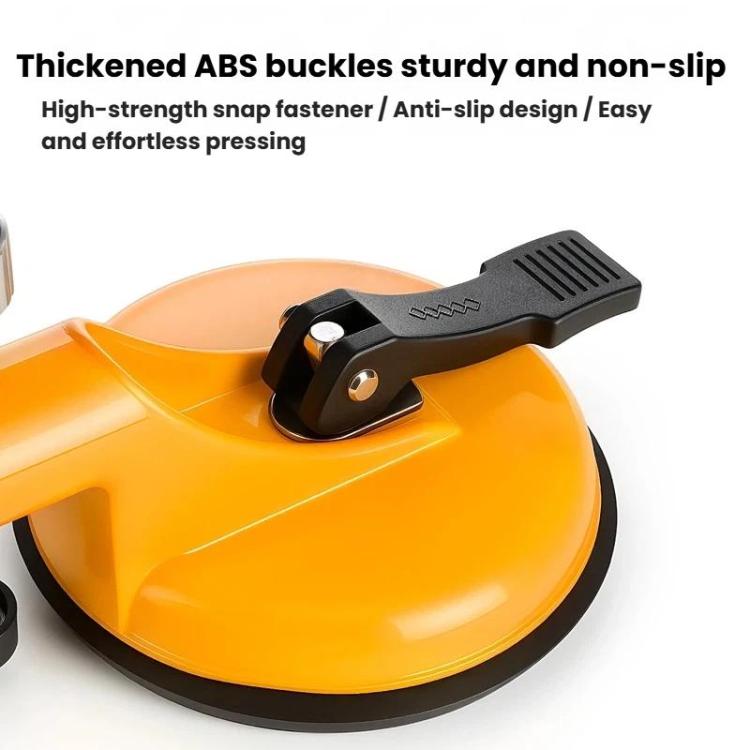 Orange tile leveling tool with black anti-slip lever clamp and metal mounting studs