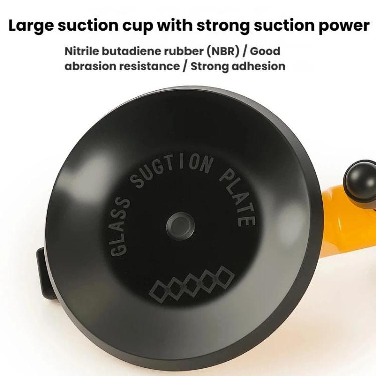 Large black suction cup base with embossed grip marks and metal leveling screw post