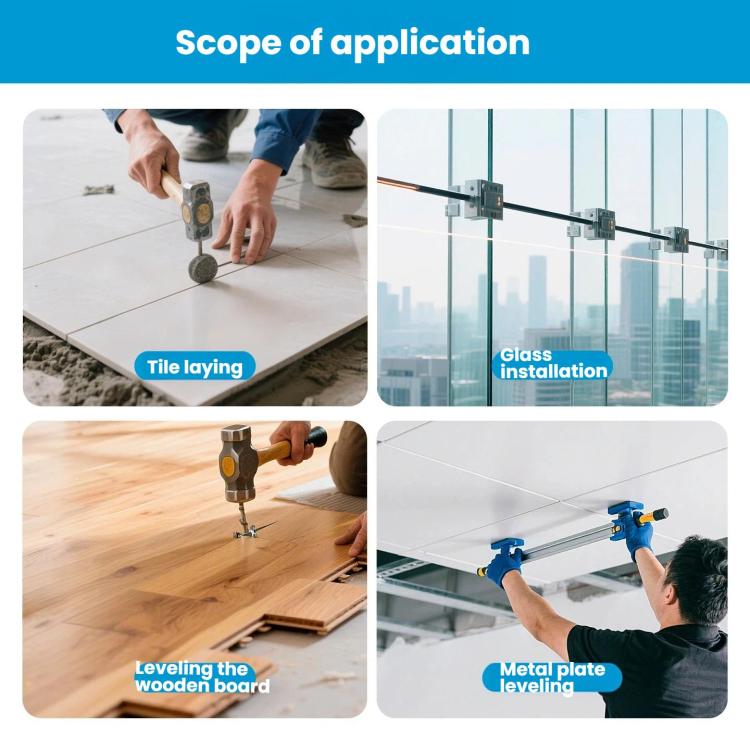 Tile leveling suction cup tool shown in use on floor tile and glass surfaces