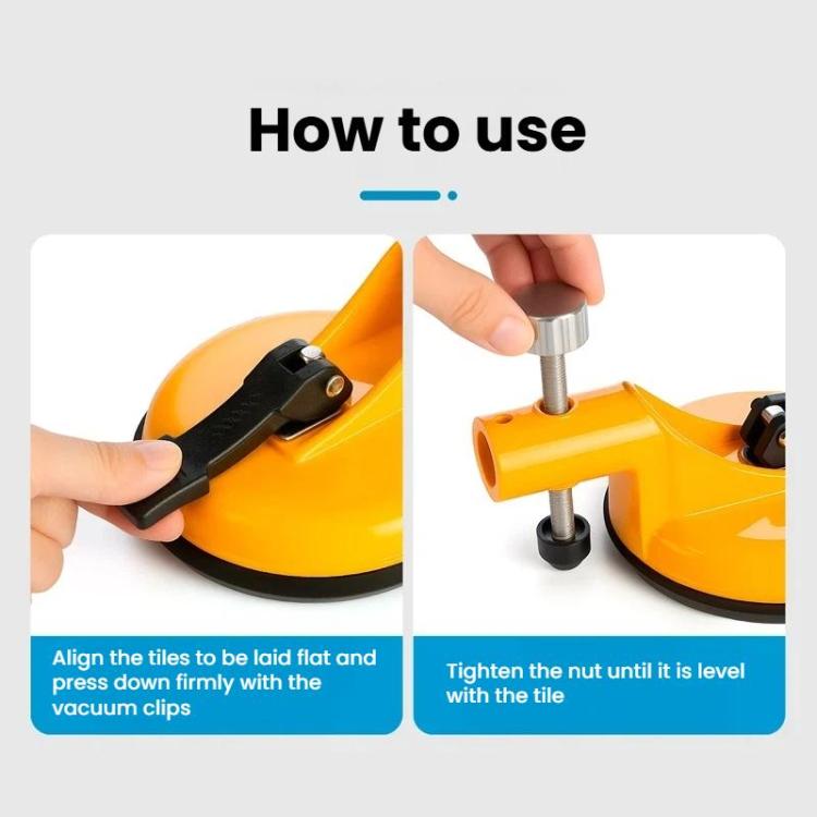 Hands using tile leveling suction cup tool to align and press tiles into place