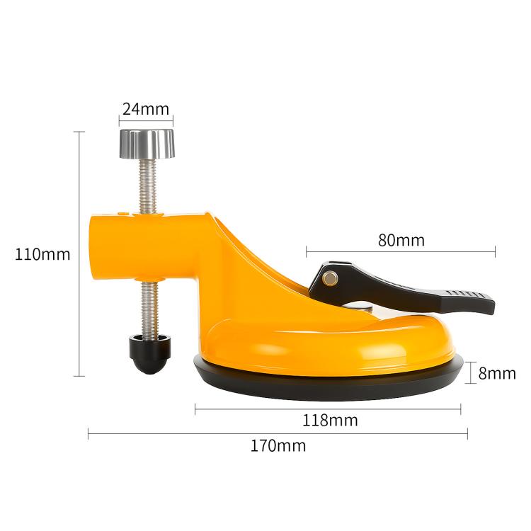 Orange tile leveling suction cup tool with threaded posts and black handle clamp