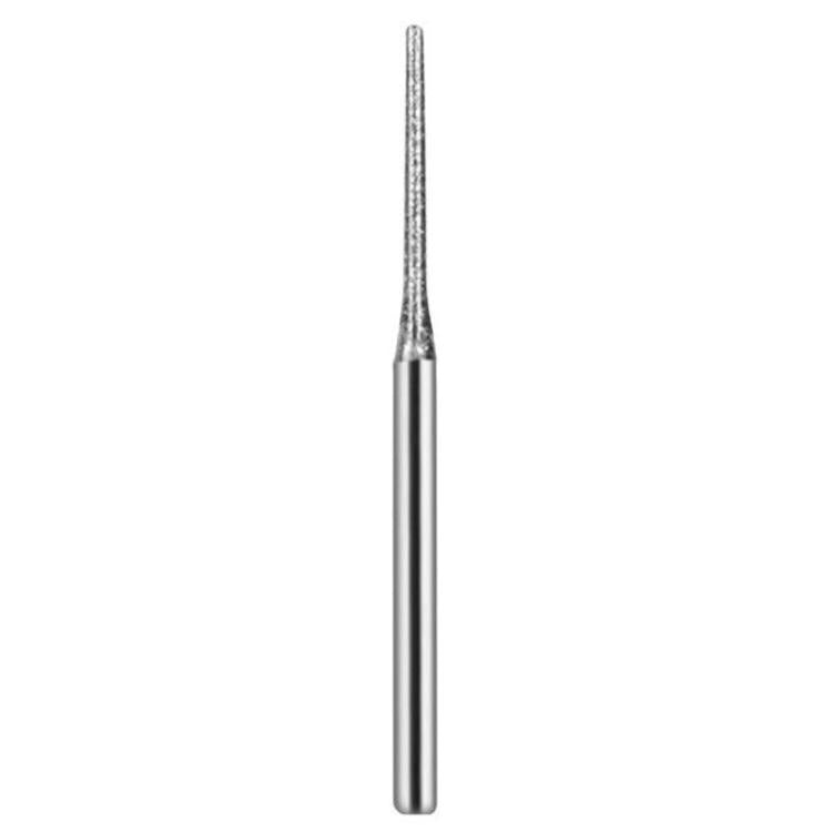 Diamond grinding drill needle bit with pointed abrasive tip and smooth silver shaft.