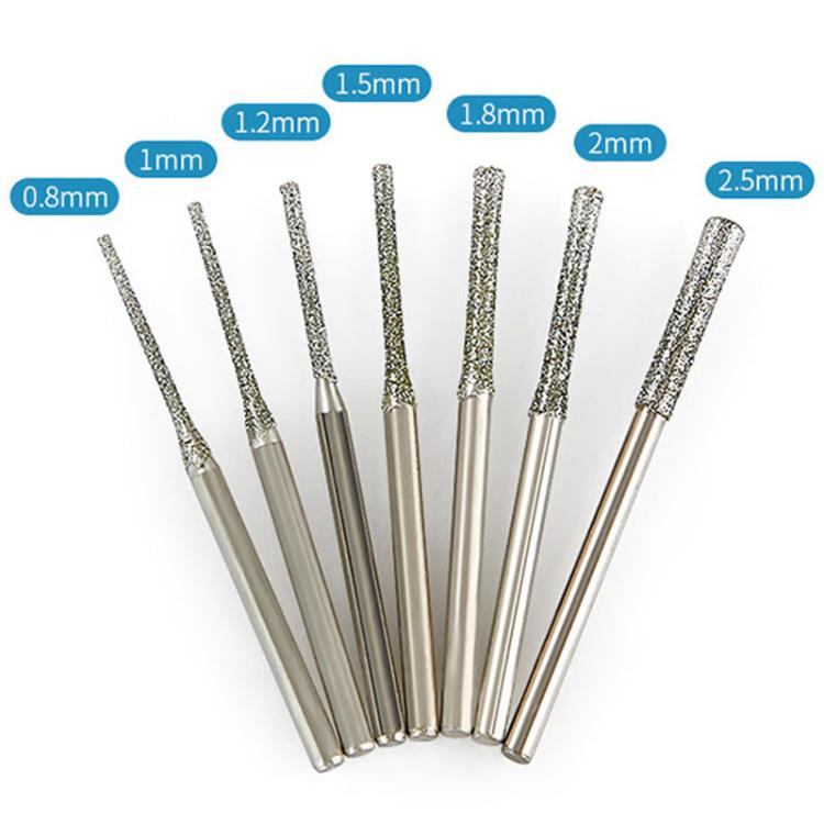 Diamond drill bit set with 0.8–2.5mm labeled textured tips on silver shafts