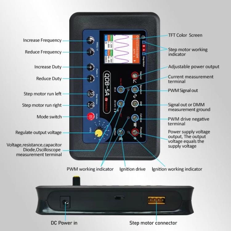 Automotive actuator drive detector oscilloscope with TFT color screen and side connector ports