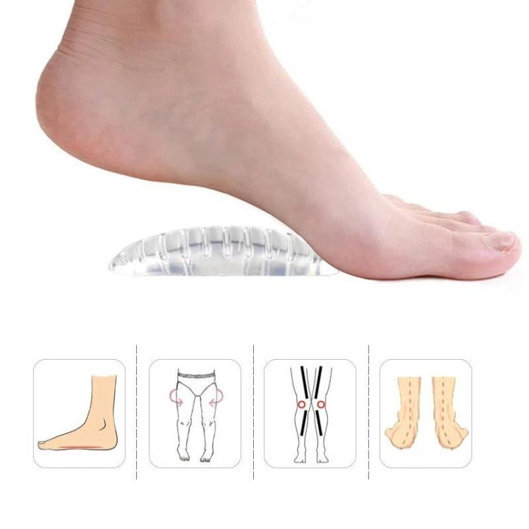 Clear arch-support insole placed under the foot with small fit icons