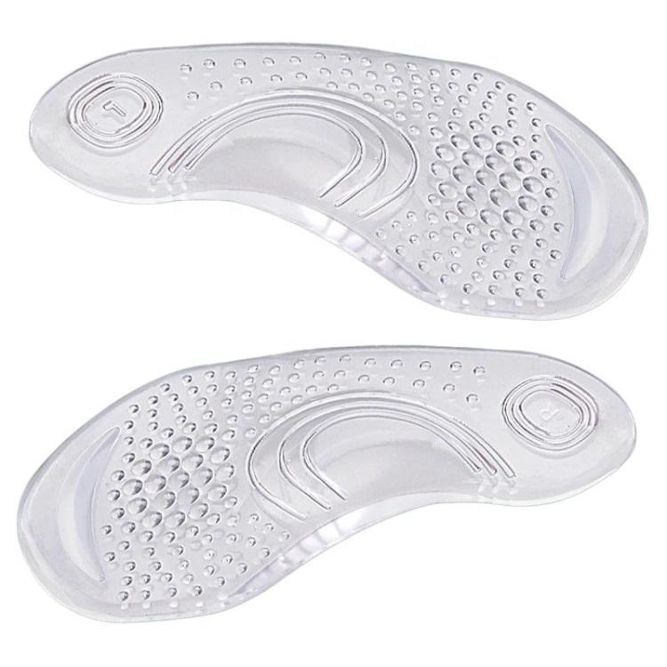 Clear silicone half-insole pair showing arch curve and textured non-slip tread