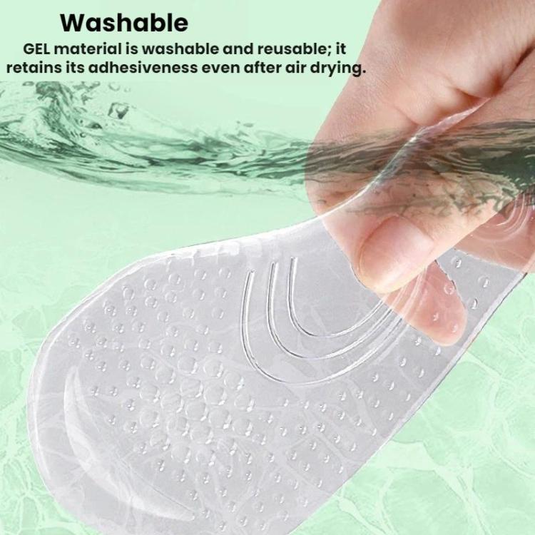 Clear gel-like silicone half-insole being pressed onto a shoe for secure fit