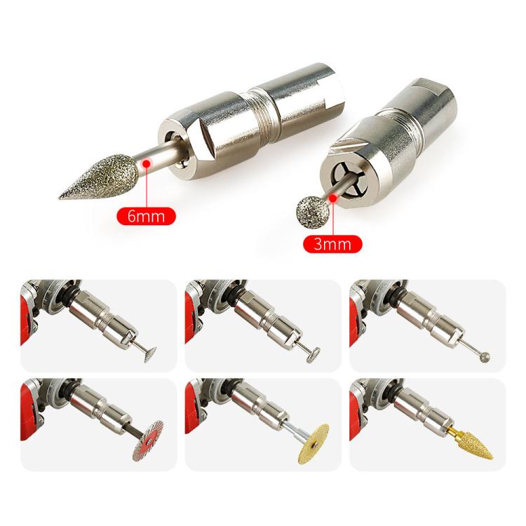 Two metal adapter chucks holding 3mm and 6mm gold abrasive bits
